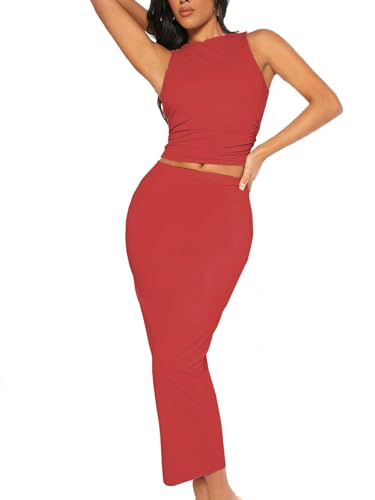 Image of Bdwinz Women's Casual 2 Piece Dress Round Neck Tank Top Bodycon Midi Skirt Dress Set