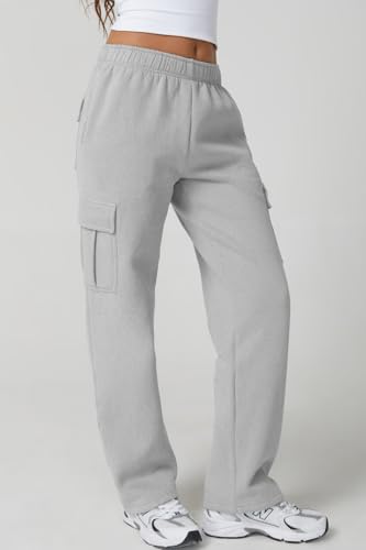 Image of QINSEN Baggy Medium Waist Elastic Sweatpants for Womens Casual Long Fleece Cargo Pants with Pockets
