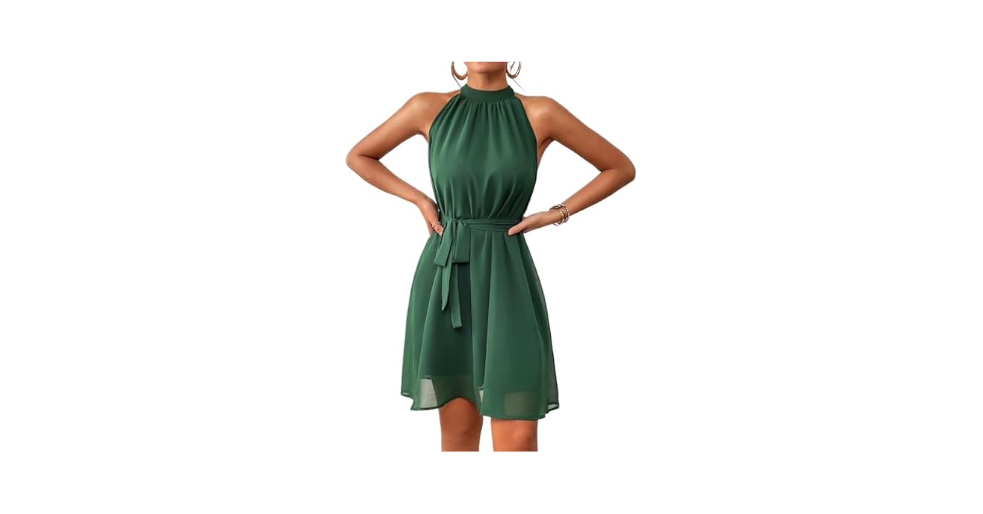 Solid Belted Halter Dress Sleeveless A-Line High Waist Short