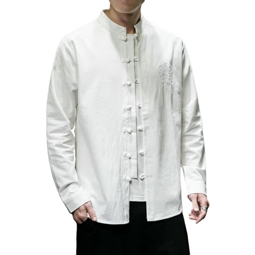 Chemise homme coton et lin à col mandarin brodé rétro