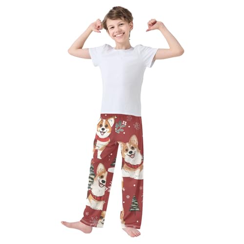 Corgi Dog Xmas Tree Boys Long Pants Soft Trousers Elastic Waist Kids Lounge Bottoms with Pockets S-XL2