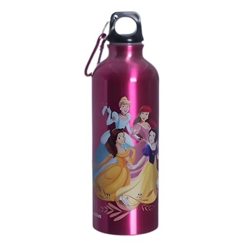 Zona Criativa - Garrafa com Mosquetão – Princesas Disney – 500ml | Alumínio Leve, Portátil e Resistente, Preserva a Temperatura da Bebida – Para Escola, Trabalho e Dia a Dia