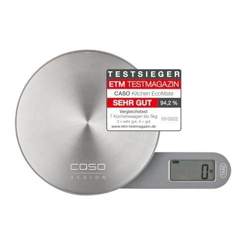 CASO Kitchen EcoMate - Design Küchenwaage, batterielose Nutzung durch kinetische Energie, Testsieger ETM Testmagazin, bis 5 kg, Wiegefläche aus Edelstahl