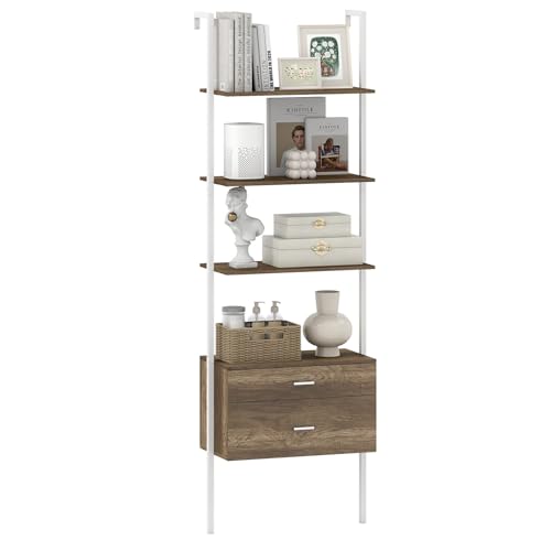 GIANTEX Estantería de Pared con 4 Estantes Abiertos y 2 Cajones, 60 x 30 x 184 cm, Librería con Marco de Metal, Estantería de Almacenamiento para Salón, Estudio, Oficina (Gris Roble)