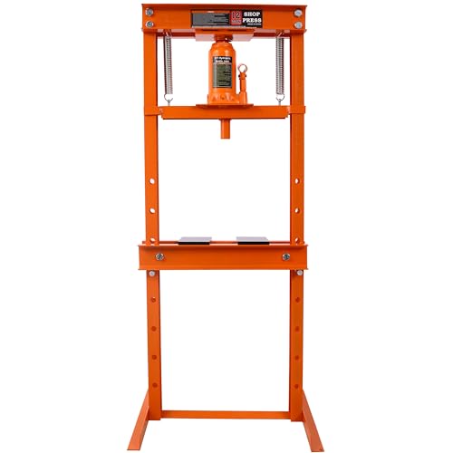 12-Ton Hydraulic Shop Press,H-Frame Floor Mount Hydraulic Press,for Car Repair and Garage,Bending,Straightening,Pressing Parts,Installing Bearings,U-Joints,Bushings,Ball Joints & Pulleys,Orange
