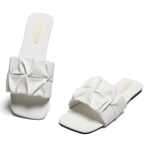 Image of Women's Pleated Square Toe Slide Sandals, Trendy Wedding & Summer Flat Sandals