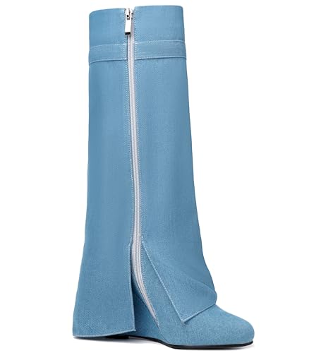 Image of Fold Over Boots for Women Pointy Pull-on Wedge Heel Knee Shark Boot With Side Zipper Padlock Design