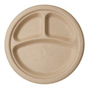 Vegware Compostable 10" Molded Fiber 3 Compartment Paper Plates, Case of 500, Disposable, White Reclaimed Sugarcane Fiber, Bagasse, Round, Tree-Free, Stronger Than Paper and Styrofoam