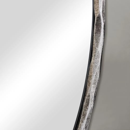 Image of ANDY STAR 30 Inch Bathroom Hammered Round Mirrors, Silver Hand-Forged Circle Wall Mirrors with Metal Frame, Antique Round Mirror for Wall, Livingroom, Entryways, Solid Steel, Anti-Rust