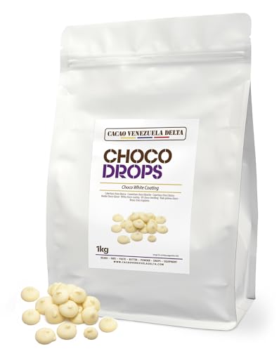 Cacao V Delta Cobertura Choco Blanca Especial 1 Kg de Fácil Atemperado, Buena Fluidez y Brillo - Equivalente a Chocolate Blanco Profesional Gotas - Repostería, Pastelería, Baños, Moldes y Decoraciones