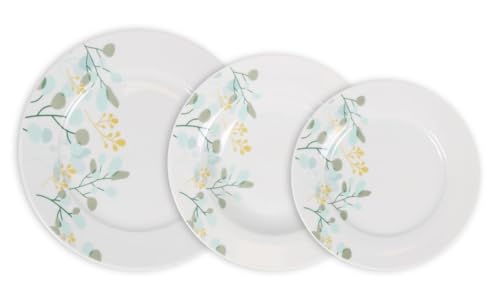 Vajilla Completa de Porcelana Decorada con Flores – 18 Piezas (6 Platos Llanos 24cm, 6 Hondos 21,5cm y 6 de Postre 19cm) – Diseño Natural y Elegante