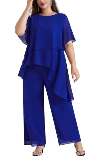 Hanna Nikole Traje de noche de gasa para mujer, tallas grandes, conjuntos de cóctel, fiesta, festivo, elegante, 2 piezas, cuello redondo, manga corta y cintura alta, traje de pantalón de dos piezas,