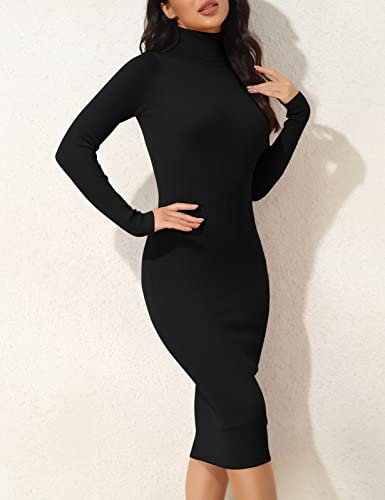 Ninovino Women's Turtleneck Ribbed Long Sleeve Bodycon Midi Dress Black-S #TOP3