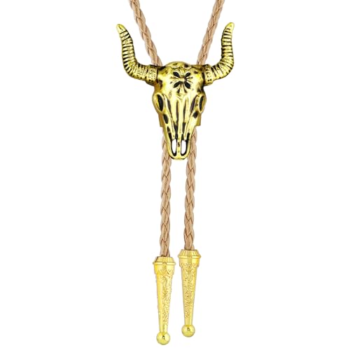 Image of GelConnie Longhorn Bull Bolo Tie for Men Native American Western Cowboy Leather Necktie Bolo Necklace for Women Gold Texas