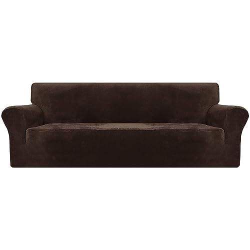 XINEAGE 1 Piece Velvet Couch Covers for 3 Cushion Couch High Stretch Sofa Cover for Pets Dogs Anti Slip Extra Large Sofa Slipcovers Furniture Protector (4 Seater, Dark Coffee)