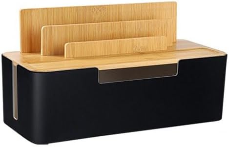 Caja de organización de cables con tapa de madera, organizador multidispositivo para teléfonostabletasrelojes inteligentes, organizador de cables de