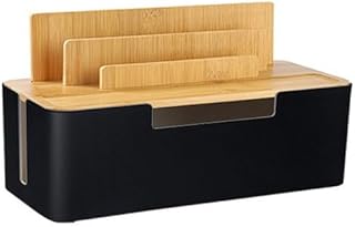 Cable Management Box with Wooden Lid, Multi-Device Organizer for Phones/Tablets/Smartwatches, Desktop Cord Organizer for Tidy Workspace (Black)