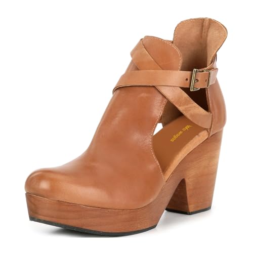 wo wagas Women Platform Rounded Toe Cutout Ankle Boots Strap Buckles Cork Chunky High Heel Booties Casual Work Office Clog Shoes Size 8 Brown