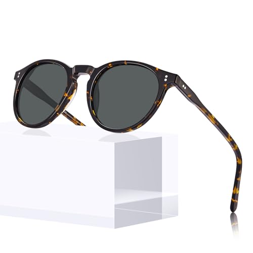 CARFIA Round Polarized Sunglasses for Women UV Protection Acetate Frame Classic Retro Style CA2302 Tortoise Frame