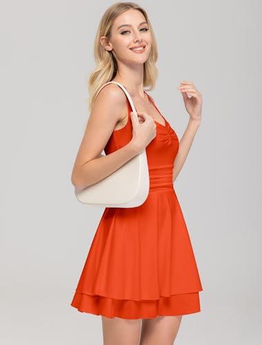 Image of IWD Women's Square Neck Sleeveless Mini Dress Ruched Waist Tiered Ruffle Hem A Line Short Dresses