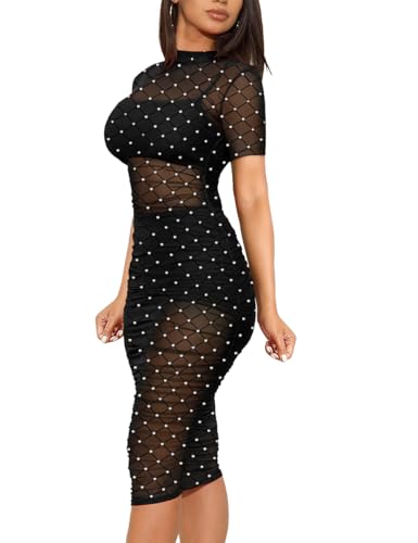 Image of Lrady Women's Mesh Dress Glitter Plaid Short Sleeve Bodycon 3 Piece Outfits with Cami Shorts, Black, Large