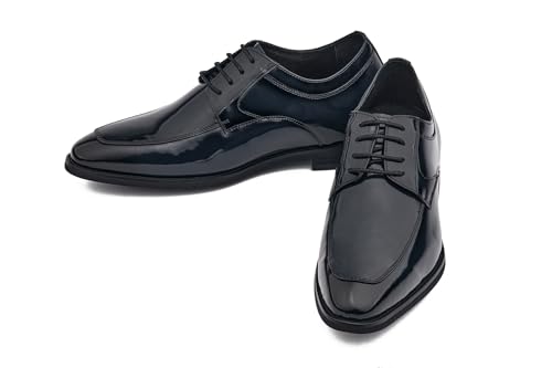 CALTO Men's Invisible Height Increasing Elevator Shoes - Midnight Blue Patent Leather Lace-up Formal Dress Oxfords - 2.8 Inches Taller - K2712 - Size 7.5 D(M) US4
