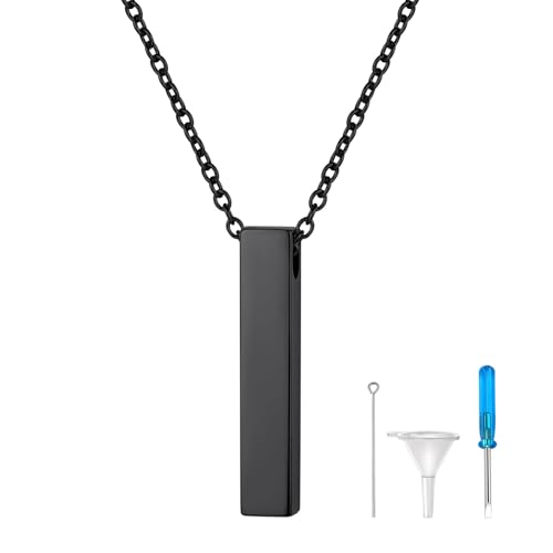 Richsteel Colgante Barra rectangular Relicario Perfume Urna cremación cenizas amor querido, Joya Hombre Mujer, Acero inoxidable chapado en Negro, Cadena ajustable 20 pulgadas, servicio personalizable