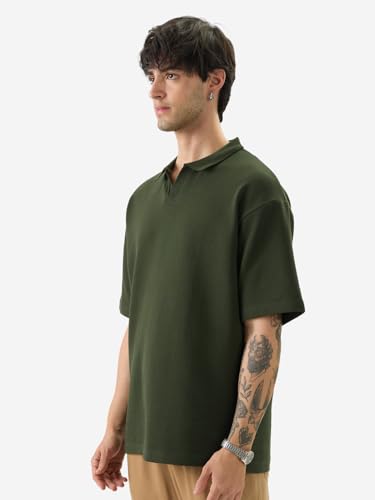 Image of The Souled Store Solids: Pastel Blue Men and Boys Short Sleeves Collared Neck Textured Cotton Blend Oversized Polos