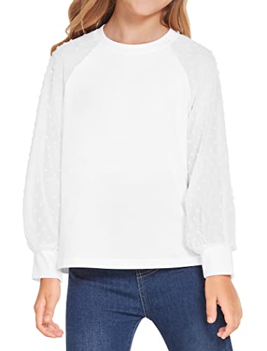 Yekaty Girls Cute Shirts White Fall Chiffon Long Sleeve Crewneck Blouses Loose Soft Swiss Dots Tops #TOP6