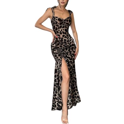 Muzly Leopard Print Bodycon Dresses for Women Spaghetti Strap Long