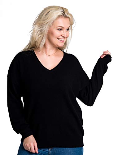 cashmere 4 U 100% Cashmere Plus Size V-Neck Sweater Pullover Tops for Woman Noir