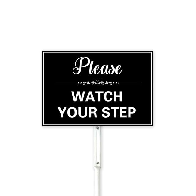 Please Watch Your Step Sign With Stake - Caution Safety Business 8X12 Inches Aluminum - Sturdy & Strong Weatherproof Easy to Install for Outdoor Use