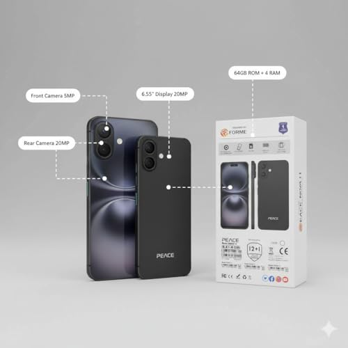 Image of PEACE NOVA 11 4G Smartphone with 6.56-inch Display, Android 14, 4GB RAM, 64GB Storage, 20MP Camera, 5000mAh Battery, MTK6739 Quad-Core Processor (Black)