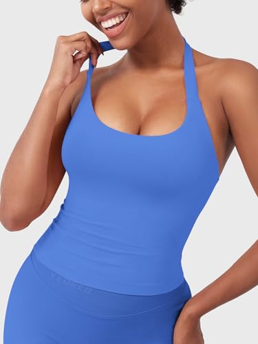 Image of YEOREO SoftHue Women's Impact Halter Tank Top Longline Backless Scoop Neck Built-in Bra Sports Workout Gym Crop Top
