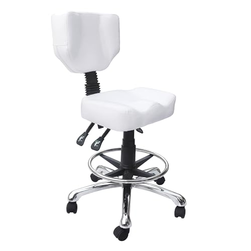 Discount Spa Equipment - 3-Function Rolling Stool with Back Support, Cushioned Office Stool, Desk Stool, 19 in x 17 in x 19-24 in, White