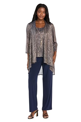 R&M Richards Women's 3-Piece Duster Pant Set - Crinkle Hologram Sequin Tank & Jacket W/Solid Pull-On Pants