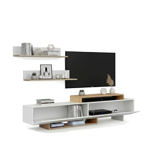 duehome | Mueble de Salón, Composición Modular de TV, Modelo: Bender 200, Acabado en Blanco y Roble, Medidas: 200 cm (Largo) x 33 cm (Fondo) x 46 cm (Alto)
