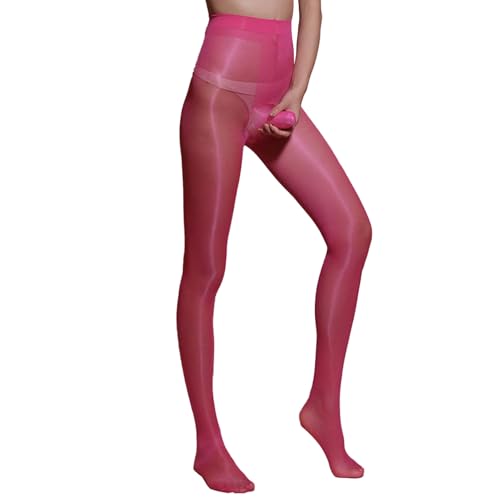 Freebily Men's Oily Shiny Nylon Pantyhose Seamless Sheer Tights 8 Denier High Waist Glossy Stockings Hot Pink One Size