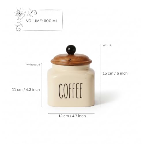 Image of Ceramic Coffee Jar Container Airtight Kitchen Storage Containers with Wooden Lids - Handcrafted Ceramic Canisters for Countertop, Pantry & Home Decor - 600ml, Beige