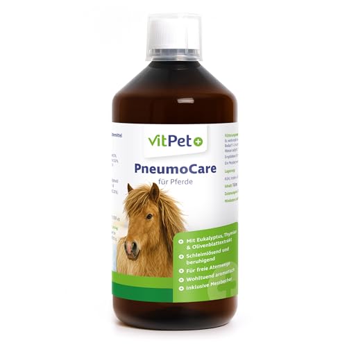 VitPet+ PneumoCare Hustensaft für Pferde 1000 ml Bei Husten Pferd Schleimlösend und beruhigend Mit Eukalyptus Thymian und Olivenblattextrakt Unterstützt Bronchien und Immunsystem