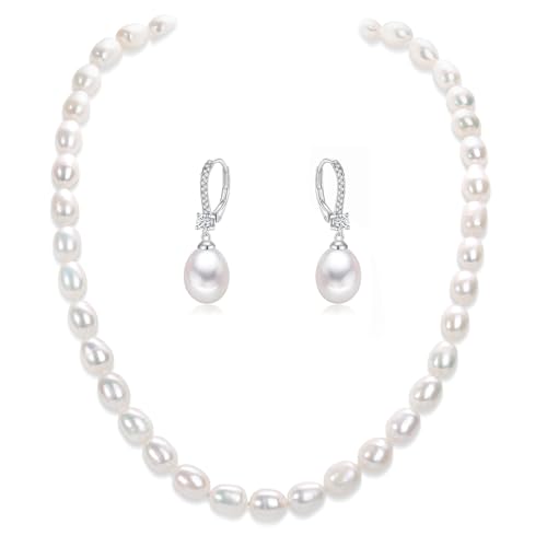 Pearl Necklace and Earrings Set, White Freshwater Pearl Necklace and Drop Earrings Jewelry Set For Women,Natural Cultured Near-Round Pearl,925 Sterlings Silver,Gift For Mother/Wife/Bride