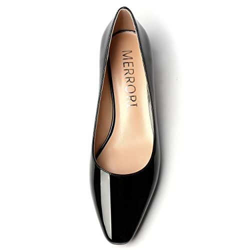 MERRORI Women's Slip On Solid Patent Square Toe Kitten Low Heel Pumps Evening Shoes 1.5 Inch3