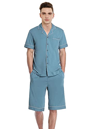 Qianxiu Mens Short Pajamas Set - Button Down Sleepwear Soft Lounge Pjs Mens Pajamas Set Cotton,100% Cotton with Pockets