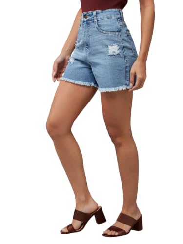 Image of Miss Chase Women's Relaxed Mid Rise Regular Non Stretchable Denim Shorts
