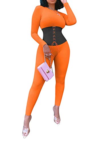 IyMoo Women's Long Sleeve Lace Up Bodycon Tight Full Length Jumpsuits Rompers One Piece Outfits Orange S