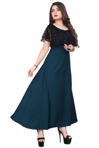 Image of Women's Poly Crepe Round Neck Plain Gown Dress