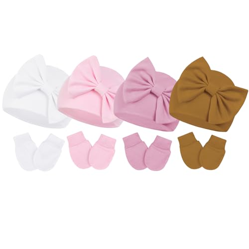 Image of Century Star Newborn Baby Girl Bow Hats Headbands and Baby Mittens Set Infant Beanie Caps for Halloween and Christmas