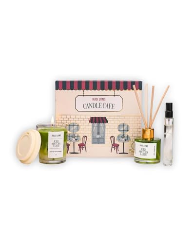 Image of Rad Living Candle Cafe Matcha Gift Box | Green Matcha Scented | 100g Soy Wax Candle | Up to 18+ Hours Burn Time | Hand-Poured | Reed Diffuser & Room Spray