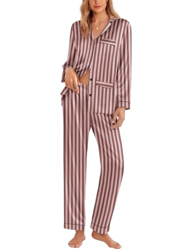 Image of Ekouaer Pajamas for Women Silk Satin Button Down Long Sleeve Pajama Sets