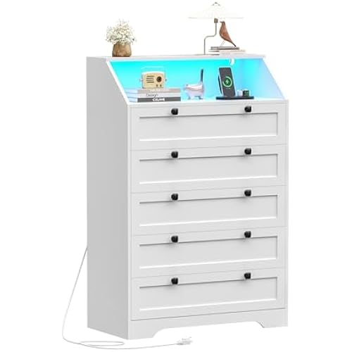 Wodeer White Dresser Tall 5 Drawer Dresser for Bedroom, Wood Chest of Drawers with LED Lights, Charging Station, Metal Handles, Modern Storage Cabinet and Organizer Drawers for Living Room, Hallway